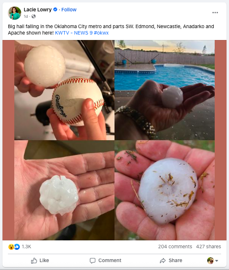 Big hail falling in the Oklahoma City metro and parts SW. Edmond, Newcastle, Anadarko and Apache shown here! - Lacy Lowery, Anchor for News 9 In The Morning in OKC.