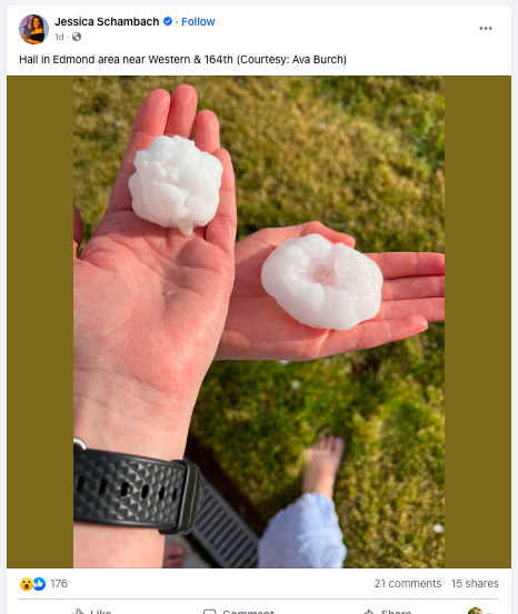 Hail in Edmond area near Western & 164th (Courtesy: Ava Burch). Jessica Schambach, Facebook Post.