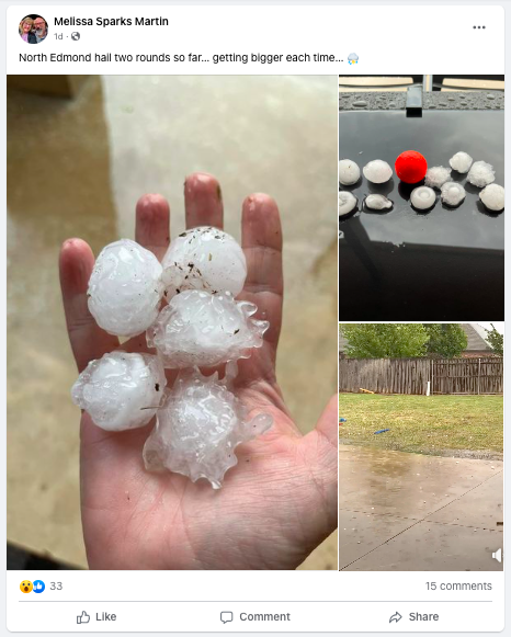 North Edmond hail two rounds so far… getting bigger each time… ⛈️ - Melissa Sparks Martin, Facebook Post.